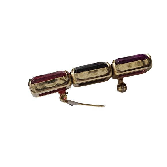 1980s Mod Red Purple Pink Brooch Geometric Rectangle Gold Trim C Clasp Closure - Picture 7 of 8